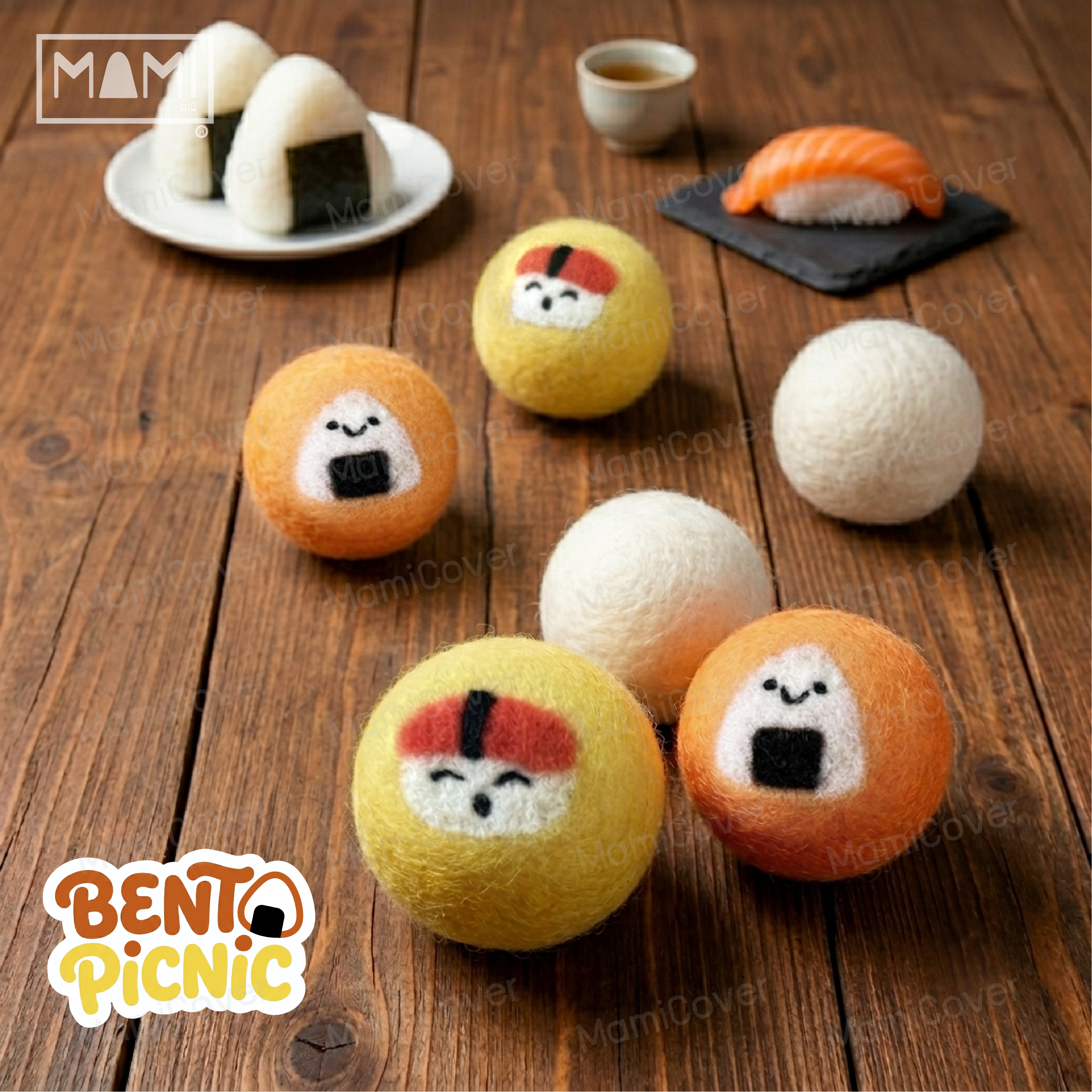 ลูกบอลอบผ้าขนวูลแท้ รุ่น  Bento Picnic เหลือง ส้ม ขาว ชุด 6 ลูก + ถาดใส่ลูกบอล