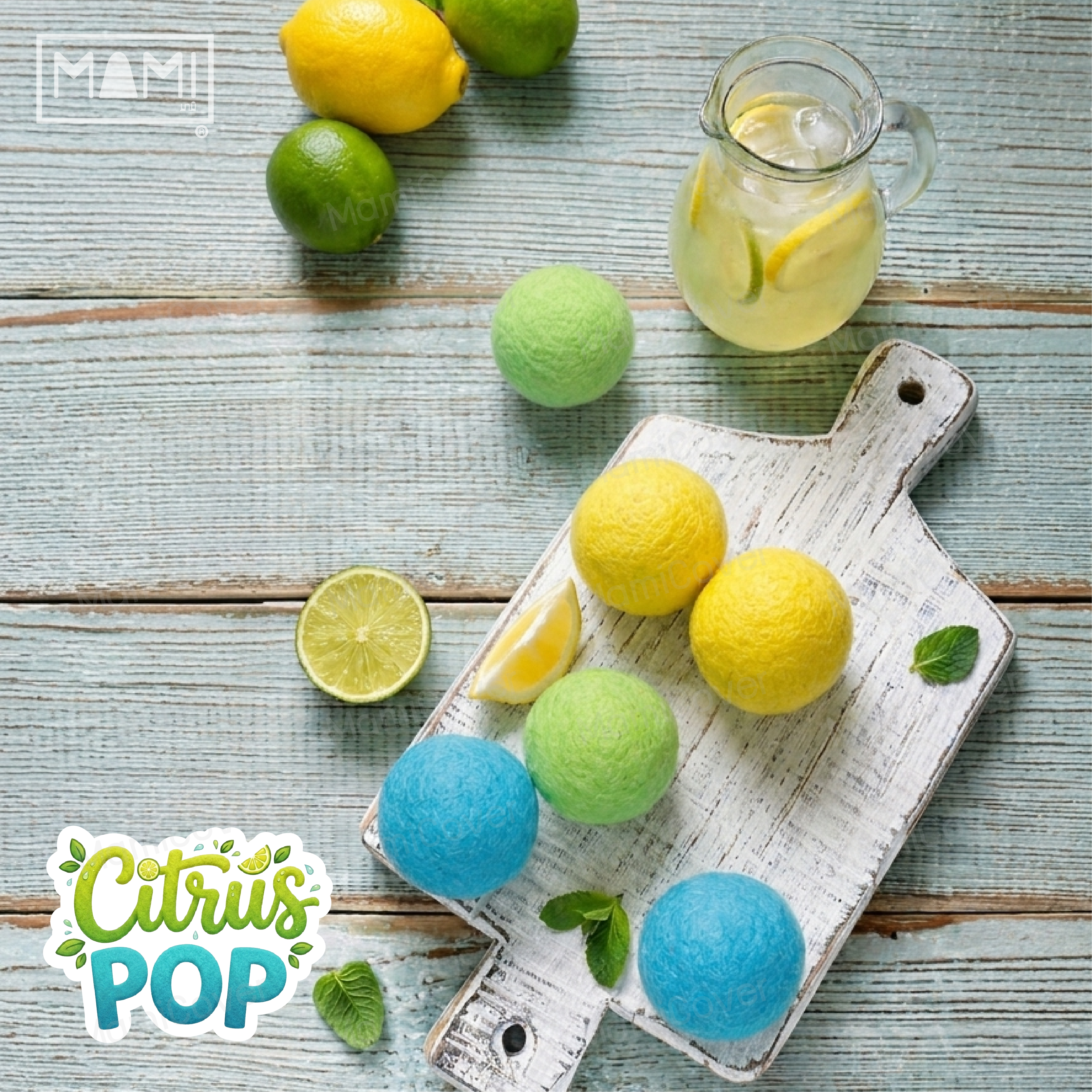 ลูกบอลอบผ้าขนวูลแท้ รุ่น Citrus Pop เหลือง เขียว ฟ้า ชุด 6 ลูก + ถาดใส่ลูกบอล