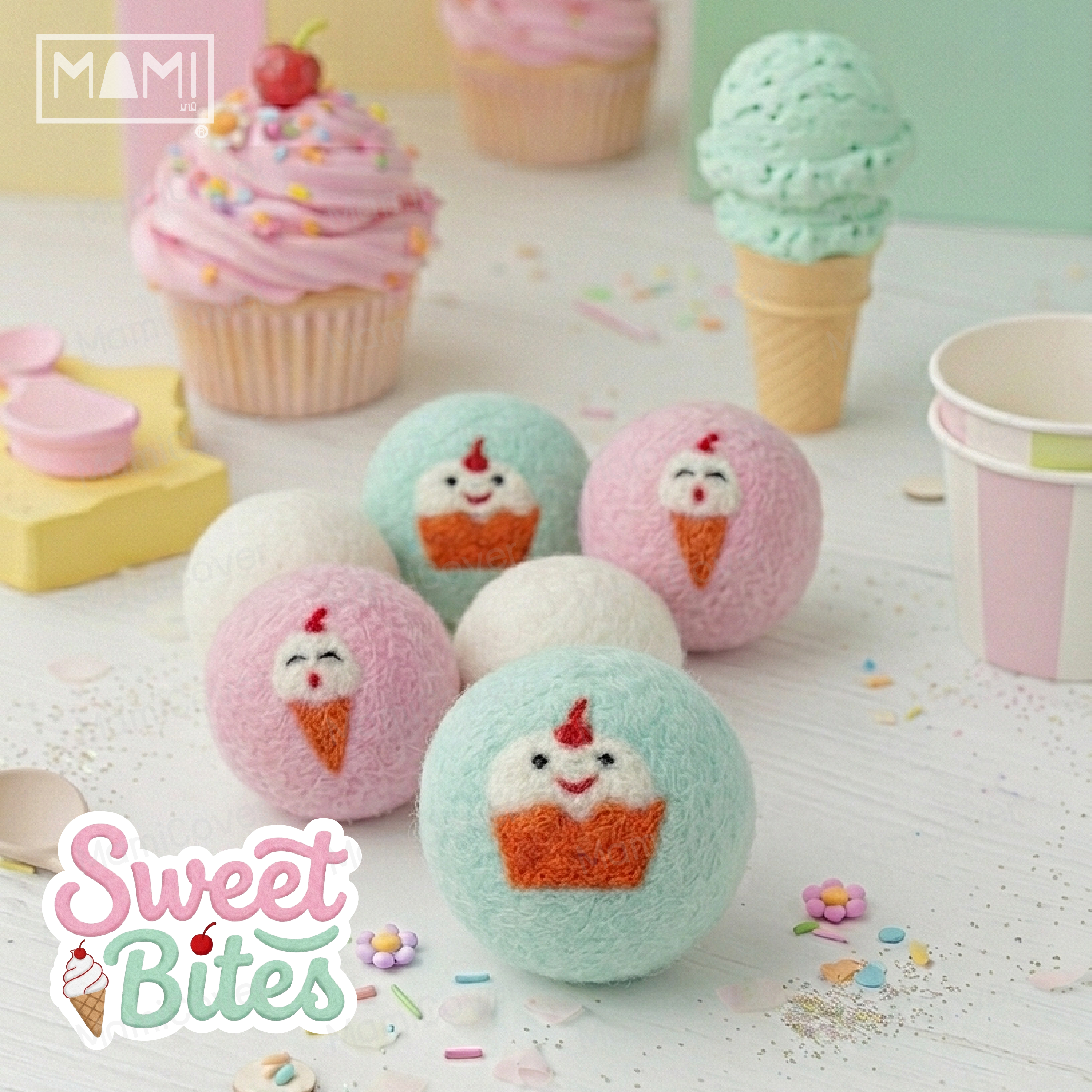 ลูกบอลอบผ้าขนวูลแท้ รุ่น Sweet Bites เขียว ชมพู ขาว ชุด 6 ลูก + ถาดใส่ลูกบอล